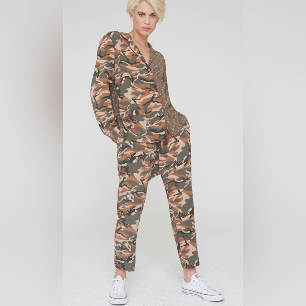 La Boheme Musa Silk Harem Pants in Olive Camouflage NWT
